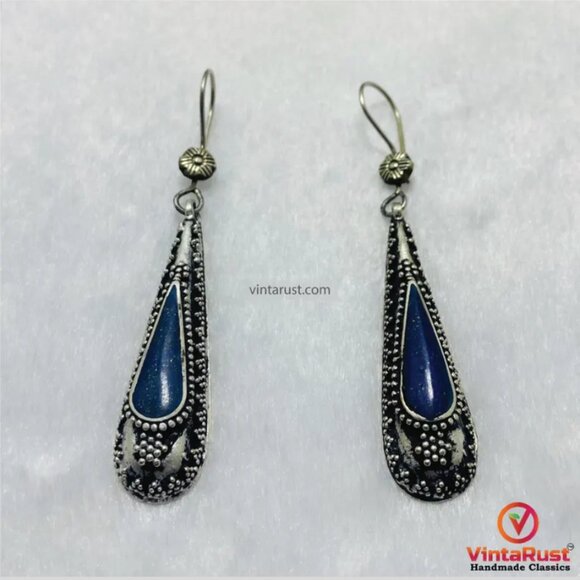 Minimalist Long Drop Lapis Lazuli Earrings: Handmade Boho Festival Jewelry - Picture 3 of 5